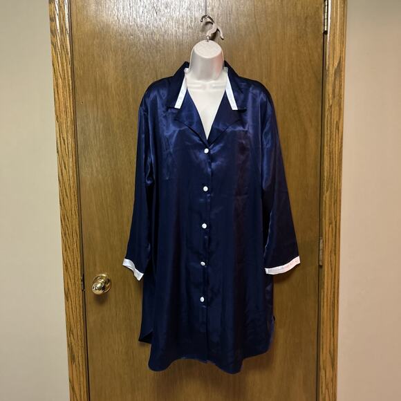 Morgan Taylor Other - Morgan Taylor Intimates 2X NIGHT SHIRT Liquid SATIN Button Front NAVY BLUE F25